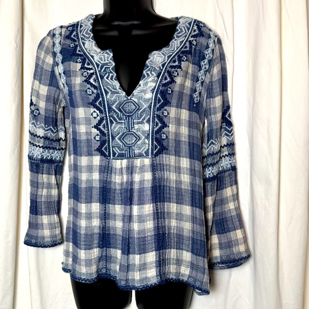 Johnny Was Workshop Simonee Embroidered V-Neck L/S Top Women's Sz XS